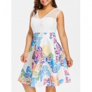 Plus Size Lace Panel Sleeveless Butterflies Dress (MILK WHITE)