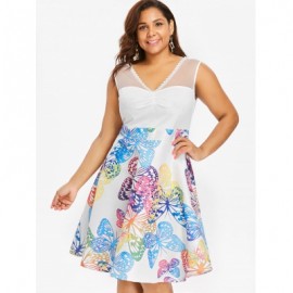 Plus Size Lace Panel Sleeveless Butterflies Dress (MILK WHITE)