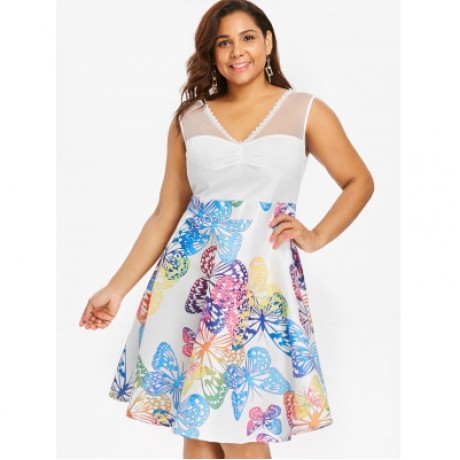 Plus Size Lace Panel Sleeveless Butterflies Dress (MILK WHITE)
