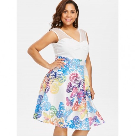 Plus Size Lace Panel Sleeveless Butterflies Dress (MILK WHITE)