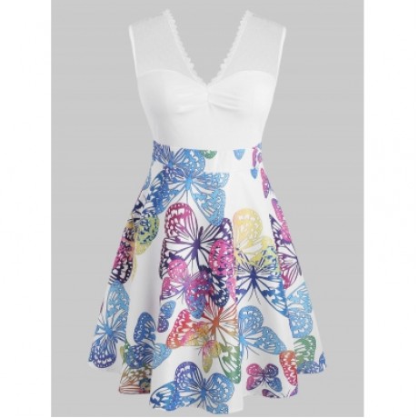 Plus Size Lace Panel Sleeveless Butterflies Dress (MILK WHITE)