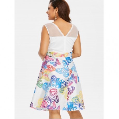 Plus Size Lace Panel Sleeveless Butterflies Dress (MILK WHITE)