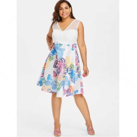 Plus Size Lace Panel Sleeveless Butterflies Dress (MILK WHITE)