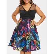 Plus Size Lace Panel Sleeveless Butterflies Dress (BLACK)