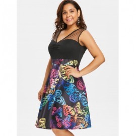 Plus Size Lace Panel Sleeveless Butterflies Dress (BLACK)