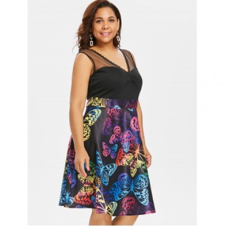 Plus Size Lace Panel Sleeveless Butterflies Dress (BLACK)