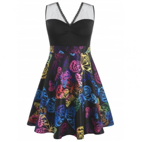 Plus Size Lace Panel Sleeveless Butterflies Dress (BLACK)