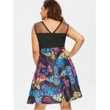 Plus Size Lace Panel Sleeveless Butterflies Dress (BLACK)