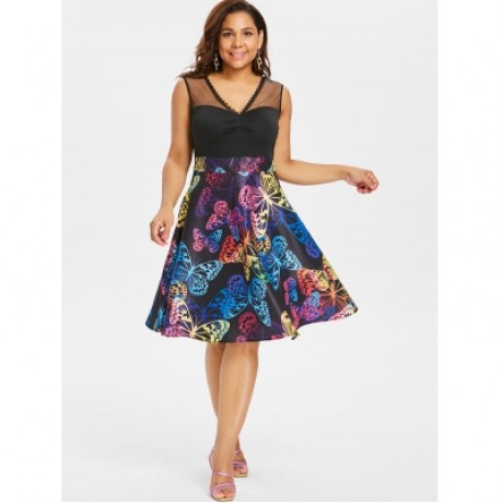 Plus Size Lace Panel Sleeveless Butterflies Dress (BLACK)