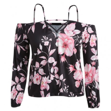 Off The Shoulder Spaghetti Strap Cut Out Floral Print Plus Size Women Blouse (BLACK)