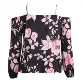 Off The Shoulder Spaghetti Strap Cut Out Floral Print Plus Size Women Blouse (BLACK)