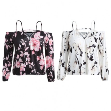 Off The Shoulder Spaghetti Strap Cut Out Floral Print Plus Size Women Blouse (BLACK)