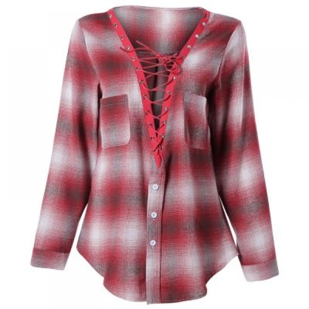 Plunge Neck Long Sleeve Lace-up Plaid Print Pocket Button Women Shirt   (CRANBERRY)