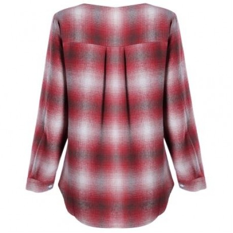 Plunge Neck Long Sleeve Lace-up Plaid Print Pocket Button Women Shirt   (CRANBERRY)