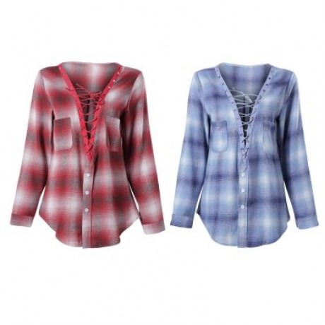 Plunge Neck Long Sleeve Lace-up Plaid Print Pocket Button Women Shirt   (CRANBERRY)
