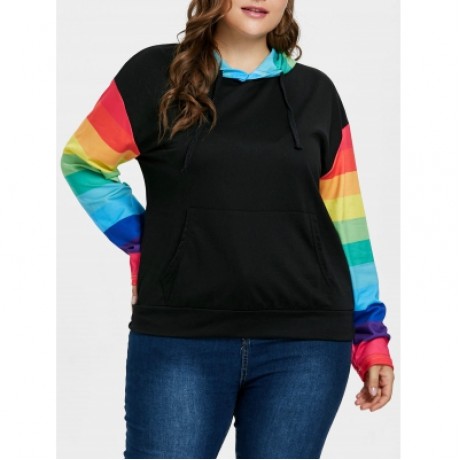 Plus Size Color Block Sleeve Drawstring Hoodie  (BLACK)