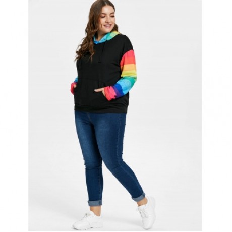 Plus Size Color Block Sleeve Drawstring Hoodie  (BLACK)