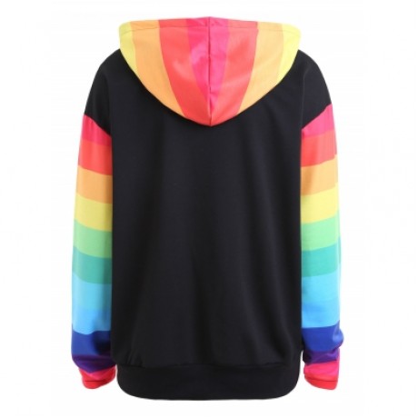 Plus Size Color Block Sleeve Drawstring Hoodie  (BLACK)