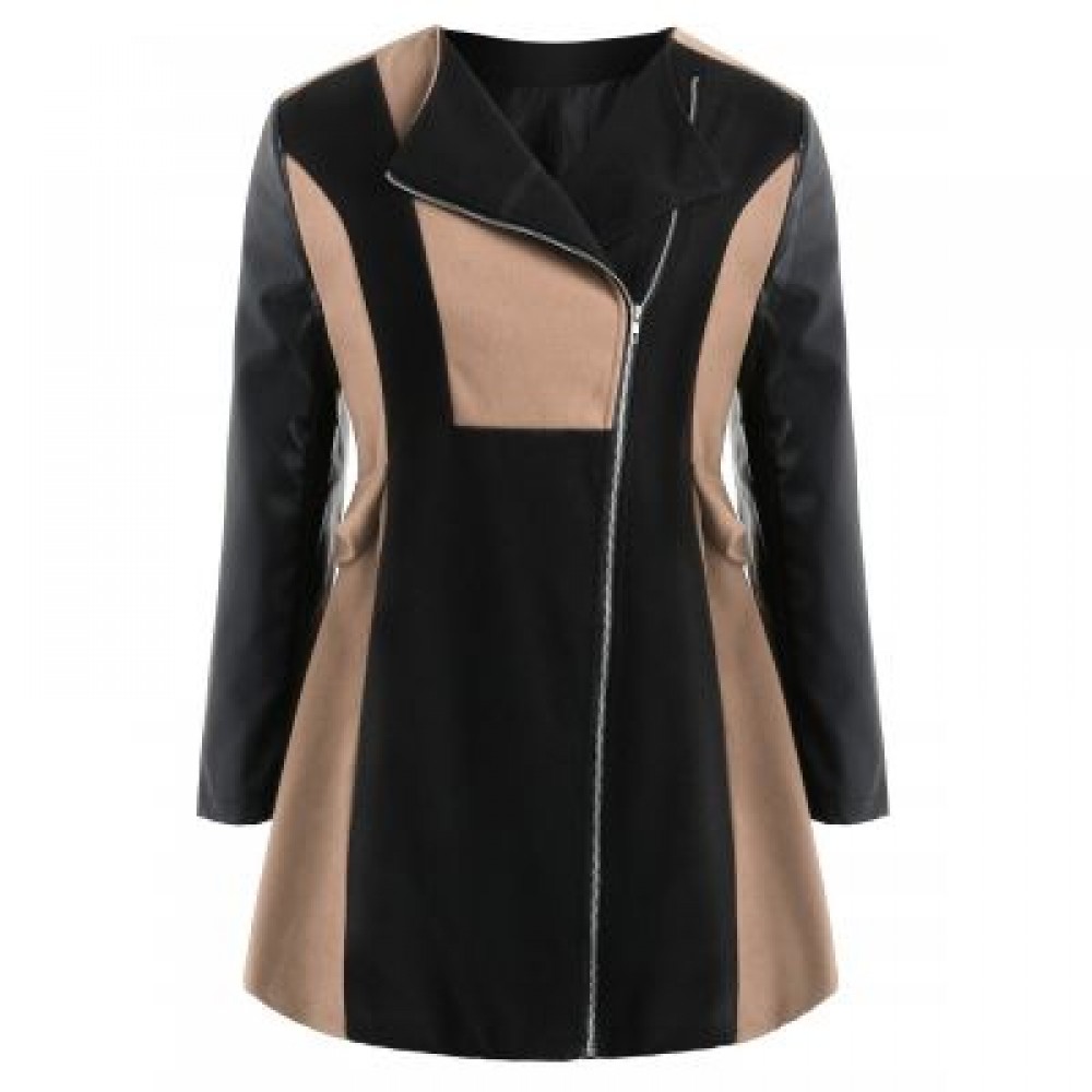 Plus Size Two Tone Zip Coat (LIGHT KHAKI)