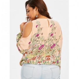 Plus Size Cold Shoulder Lace Trim Floral Sheer Blouse (ORANGE PINK)
