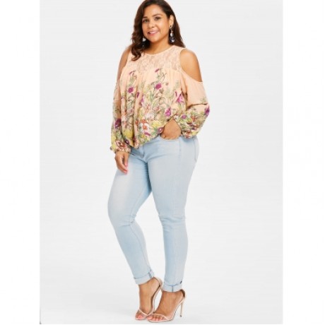 Plus Size Cold Shoulder Lace Trim Floral Sheer Blouse (ORANGE PINK)