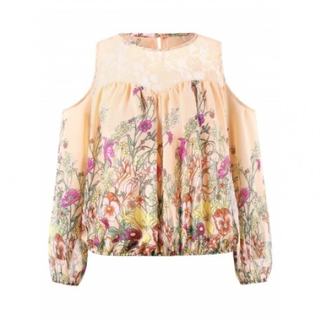 Plus Size Cold Shoulder Lace Trim Floral Sheer Blouse (ORANGE PINK)