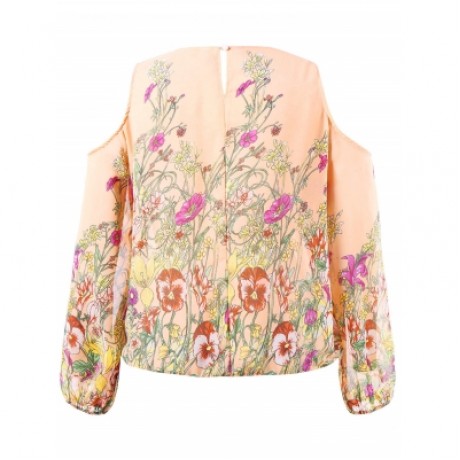 Plus Size Cold Shoulder Lace Trim Floral Sheer Blouse (ORANGE PINK)