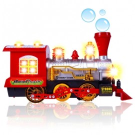 STEAM TRAIN BLOWING BUBBLE MACHINE MUSIC LIGHT BATTERY OPERATED LIQUID KIDS TOY (RED)