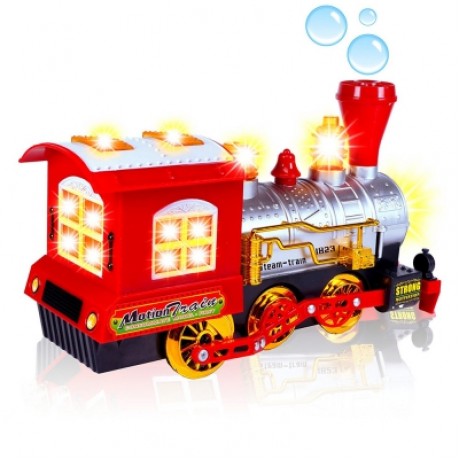 STEAM TRAIN BLOWING BUBBLE MACHINE MUSIC LIGHT BATTERY OPERATED LIQUID KIDS TOY (RED)