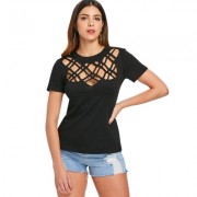 Hollow Out Crew Neck Short Sleeve T-shirt (BLACK)