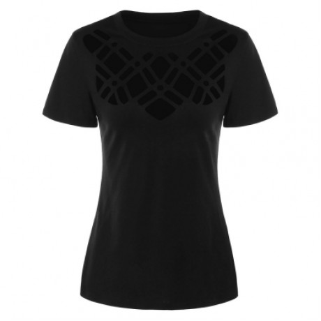 Hollow Out Crew Neck Short Sleeve T-shirt (BLACK)
