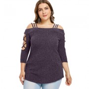 Plus Size Three Quarter Sleeve Cold Shoulder Ribbed Knit T-shirt (VIOLA PURPLE)