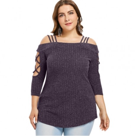 Plus Size Three Quarter Sleeve Cold Shoulder Ribbed Knit T-shirt (VIOLA PURPLE)