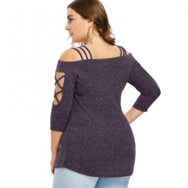 Plus Size Three Quarter Sleeve Cold Shoulder Ribbed Knit T-shirt (VIOLA PURPLE)