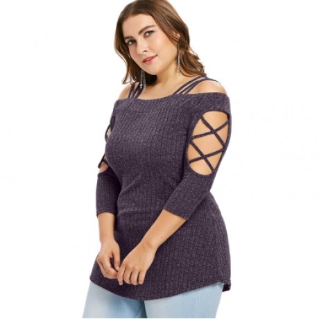 Plus Size Three Quarter Sleeve Cold Shoulder Ribbed Knit T-shirt (VIOLA PURPLE)