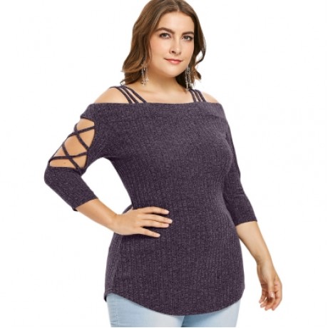 Plus Size Three Quarter Sleeve Cold Shoulder Ribbed Knit T-shirt (VIOLA PURPLE)
