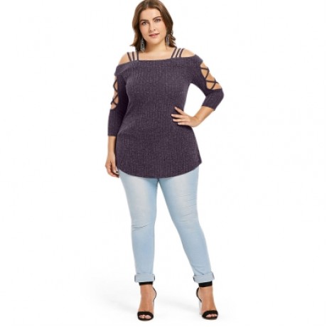 Plus Size Three Quarter Sleeve Cold Shoulder Ribbed Knit T-shirt (VIOLA PURPLE)