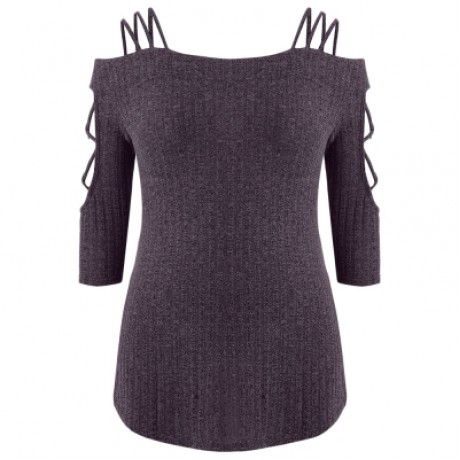 Plus Size Three Quarter Sleeve Cold Shoulder Ribbed Knit T-shirt (VIOLA PURPLE)