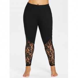 Plus Size Sheer Lace Trim Leggings (BLACK)