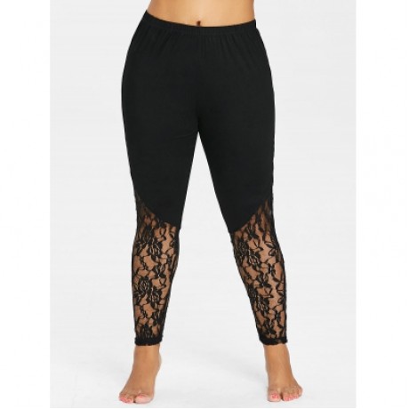 Plus Size Sheer Lace Trim Leggings (BLACK)