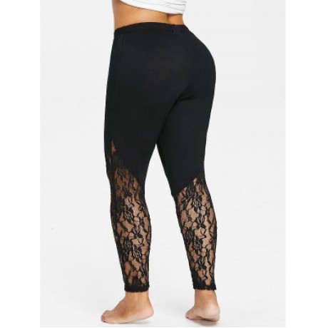 Plus Size Sheer Lace Trim Leggings (BLACK)