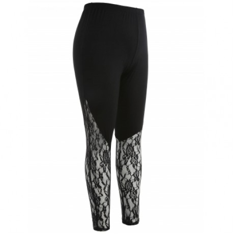 Plus Size Sheer Lace Trim Leggings (BLACK)