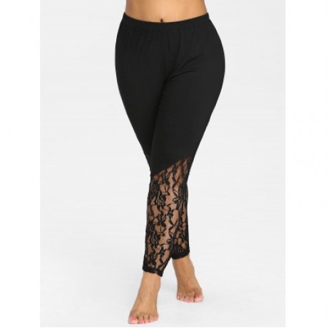 Plus Size Sheer Lace Trim Leggings (BLACK)