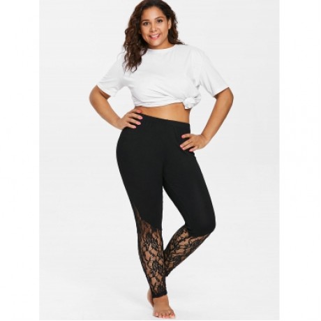 Plus Size Sheer Lace Trim Leggings (BLACK)