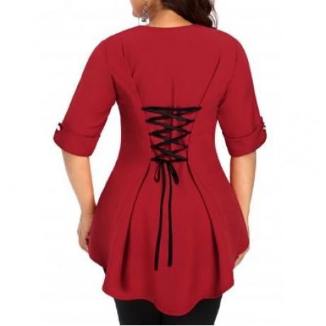Plus Size Two Tone Dip Hem Top (RED)