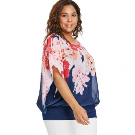 Plus Size Mesh Popover Blouse (DEEP BLUE)