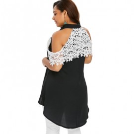 Plus Size Buttoned Two Tone Applique Blouse (BLACK)