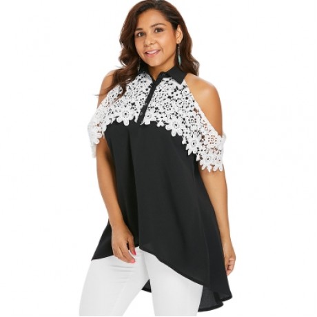 Plus Size Buttoned Two Tone Applique Blouse (BLACK)