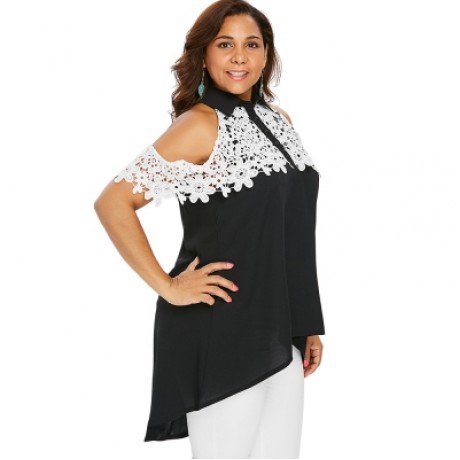 Plus Size Buttoned Two Tone Applique Blouse (BLACK)