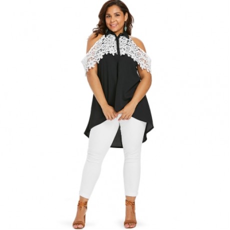 Plus Size Buttoned Two Tone Applique Blouse (BLACK)
